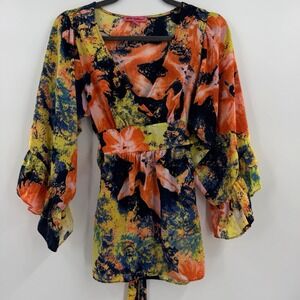 Betsey Johnson Baby Doll Boho Floral Wrap Top Size Small Bell Sleeve Tie Waist
